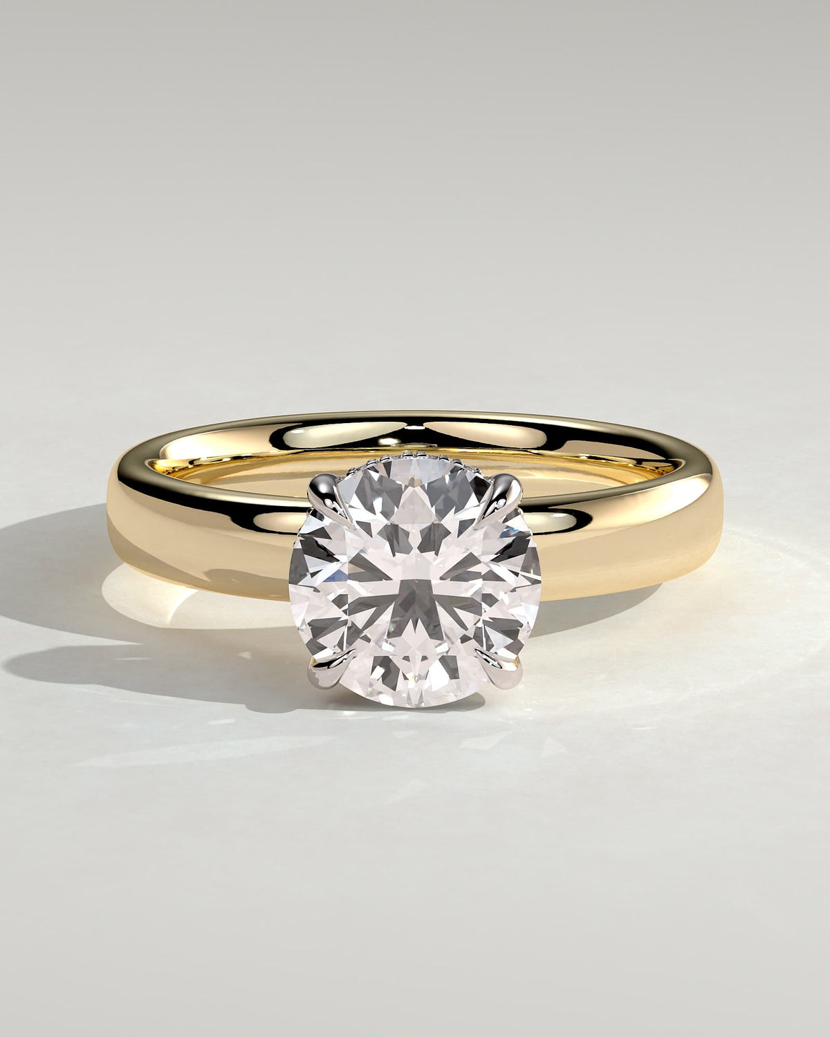 Kylie - Statement Round Claw Solitaire with Cigar Band and Hidden Halo Engagement Ring - Yellow Two-Tone