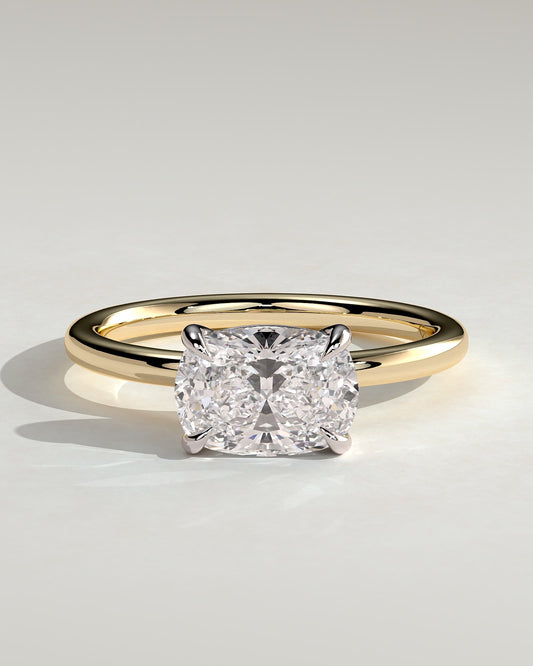 Lucille - Elongated Cushion East West Claw Solitaire Engagement Ring - Yellow Two-Tone