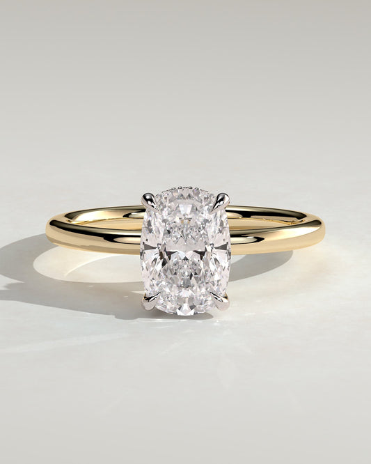 Melanie - Elongated Cushion Claw Solitaire with Wrap Around Hidden Halo Engagement Ring - Yellow Two-Tone