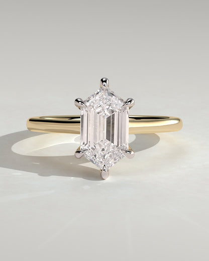 Anastasia - Elongated Hexagon Claw Solitaire with Hidden Halo and Cathedral High Setting Engagement Ring - Yellow Two-Tone