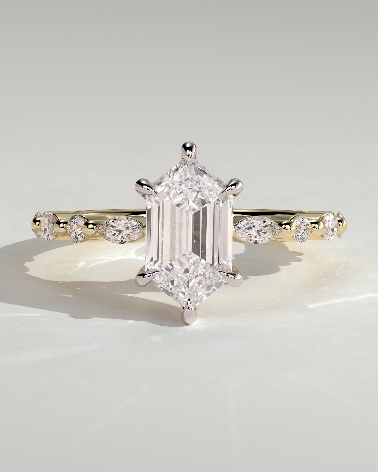 Agnes - Elongated Hexagon Claw Solitaire with Marquise and Round Accent Stones Engagement Ring - Yellow Two-Tone - Yellow Two-Tone 2ct