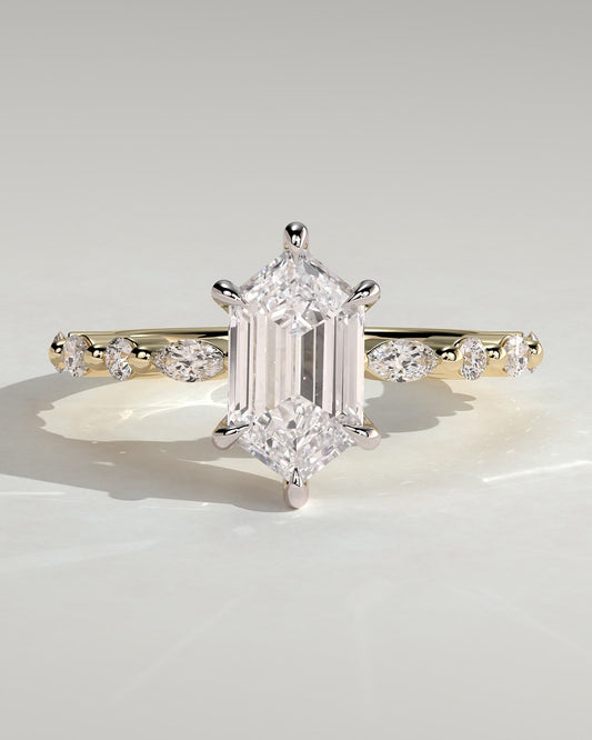 Agnes - Elongated Hexagon Claw Solitaire with Marquise and Round Accent Stones Engagement Ring - Yellow Two-Tone - yellow two-tone - Lara Jewels