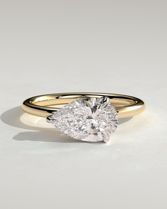 Priscilla - Pear East West Claw Solitaire with Hidden Halo Engagement Ring - Yellow Two-Tone
