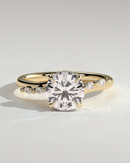 Leslie - Round Claw Solitaire with Hidden Halo, Opposing Marquise Accents and Cathedral High Setting Engagement Ring - Yellow Gold