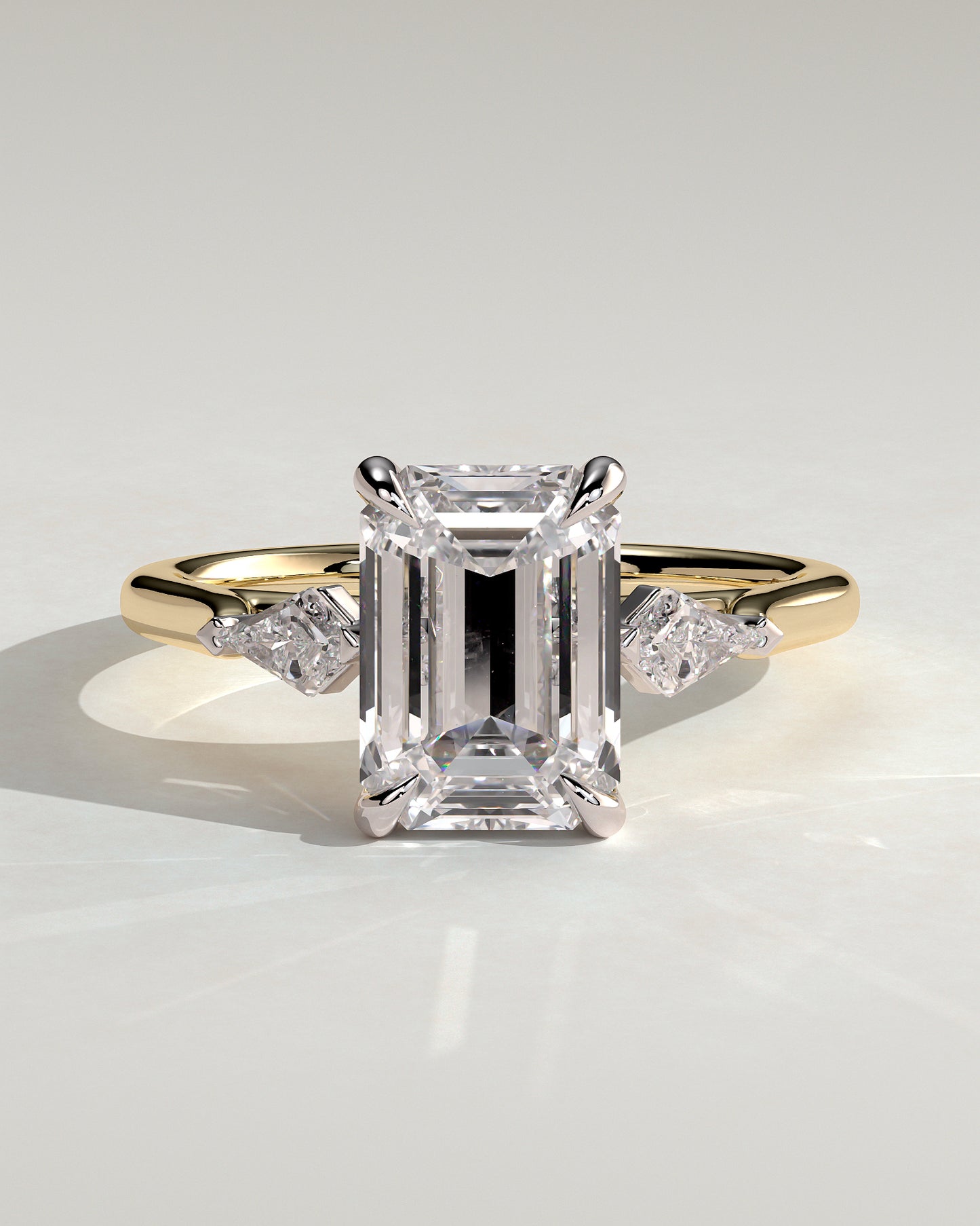 Elphie - Emerald Claw Trilogy with Kite Side Stones Engagement Ring - Yellow Two-Tone