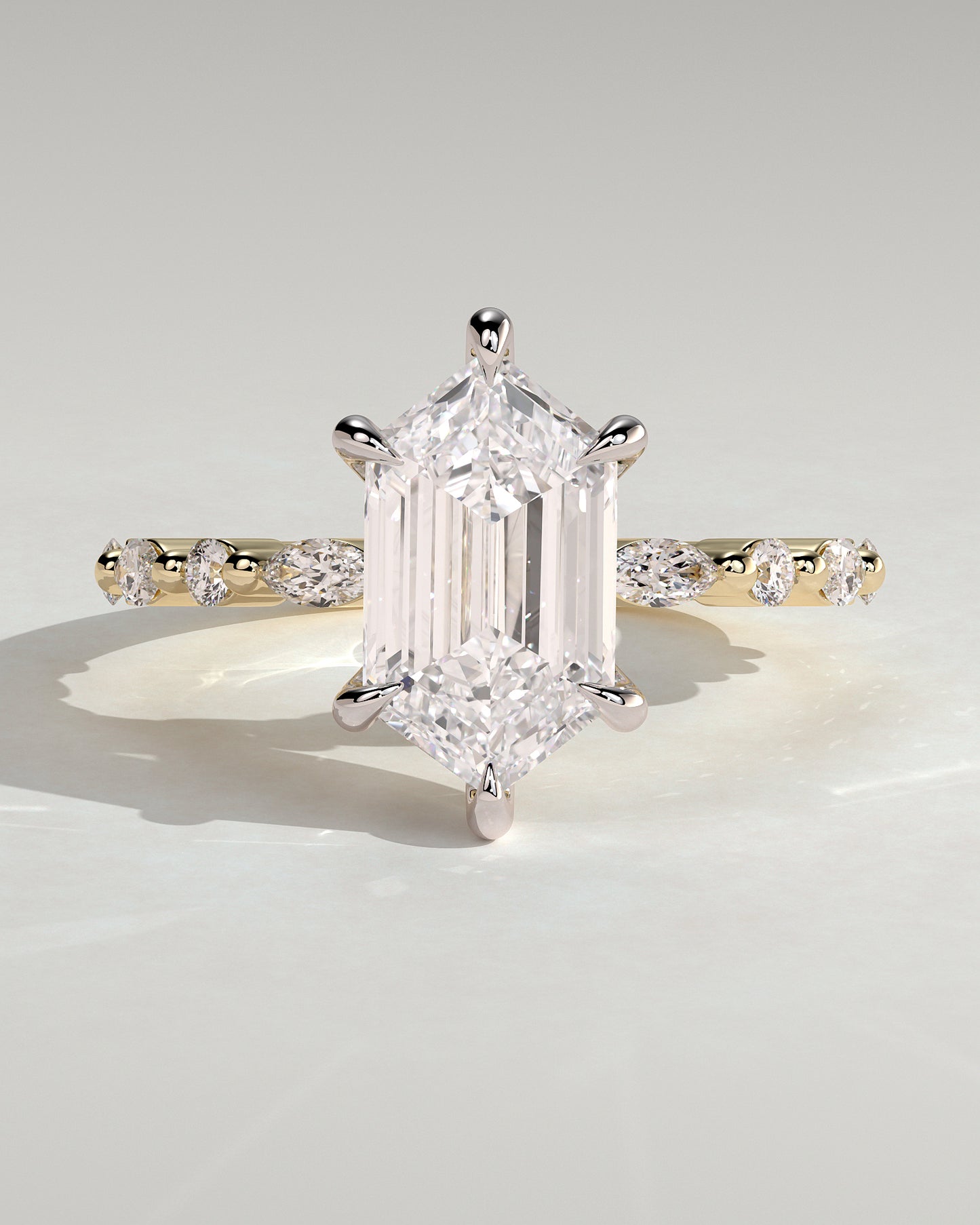 Agnes - Elongated Hexagon Claw Solitaire with Marquise and Round Accent Stones Engagement Ring - Yellow Two-Tone
