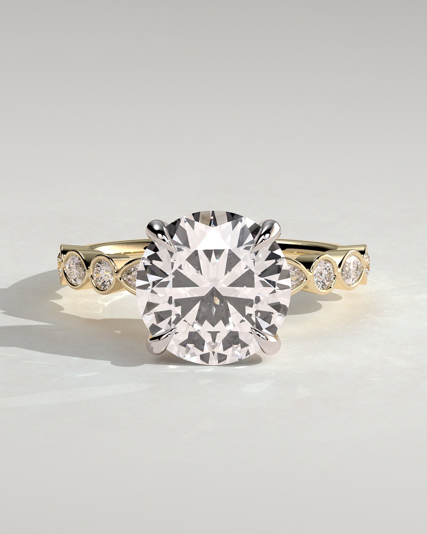 Cartia - Round Claw Solitaire with Round-Marquise Bezel Accent Stones Engagement Ring - Yellow Two-Tone