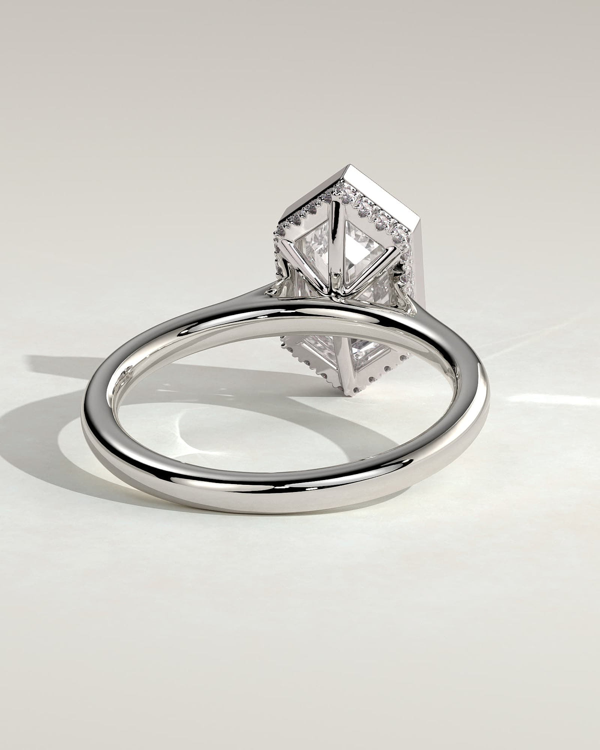 Gloria - Elongated Hexagon Bezel Solitaire with Hidden Halo and Cathedral High Setting Engagement Ring - White Gold