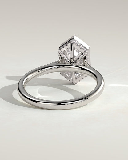 Gloria - Elongated Hexagon Bezel Solitaire with Hidden Halo and Cathedral High Setting Engagement Ring - White Gold