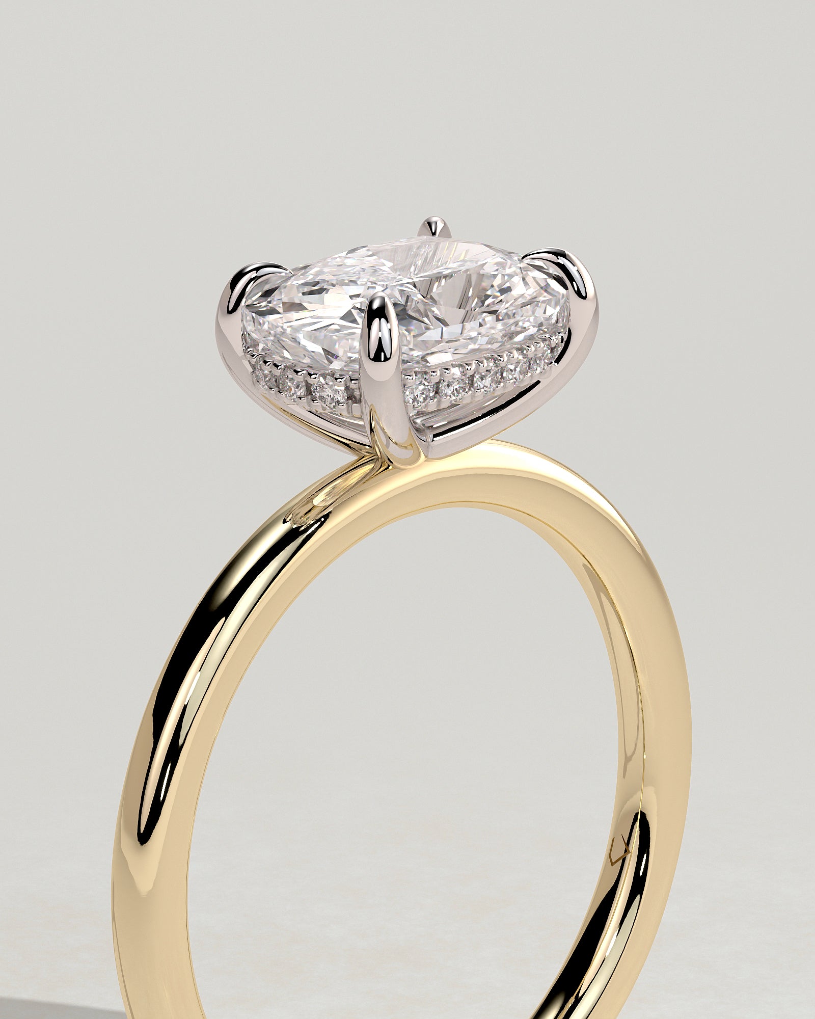 Frida - Elongated Cushion East West Claw Solitaire with Hidden Halo Engagement Ring - Yellow Two-Tone - Yellow Two-Tone 2ct