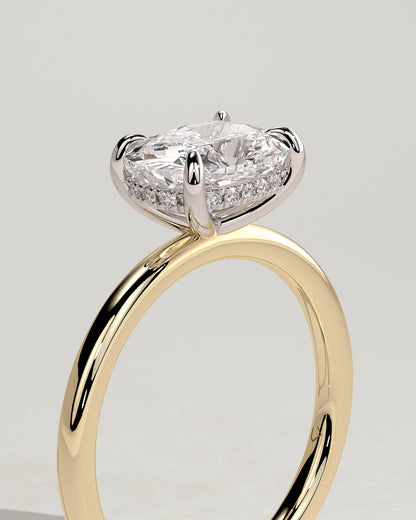Frida - Elongated Cushion East West Claw Solitaire with Hidden Halo Engagement Ring - Yellow Two-Tone