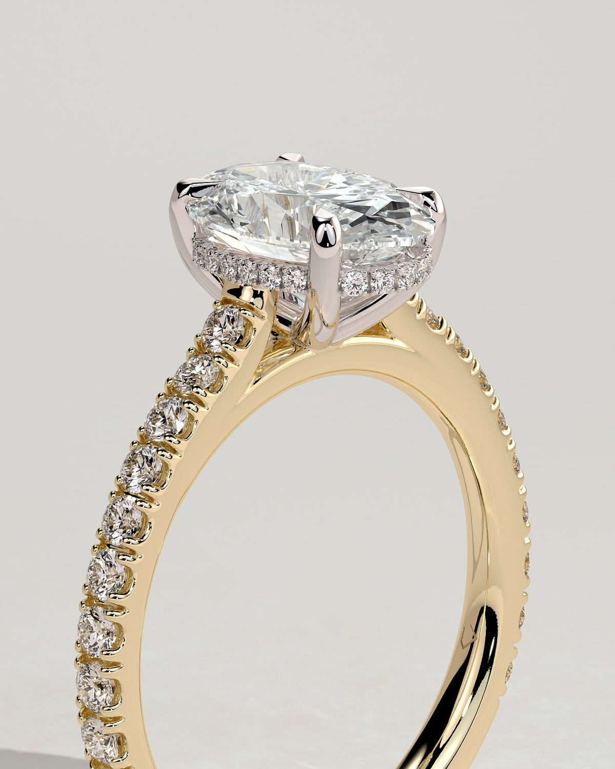 Julia - Oval Claw Solitaire with Hidden Halo, Pave Band and Cathedral High Setting Engagement Ring - Yellow Two-Tone