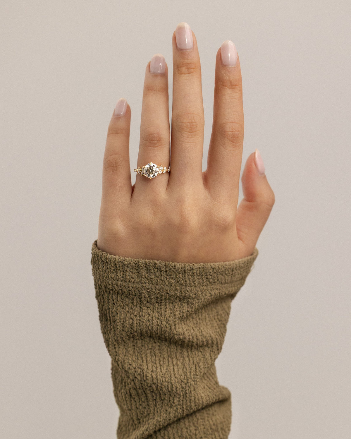 Molly - Round Claw Solitaire with Clustered Round Shoulder Stones Engagement Ring - White Gold