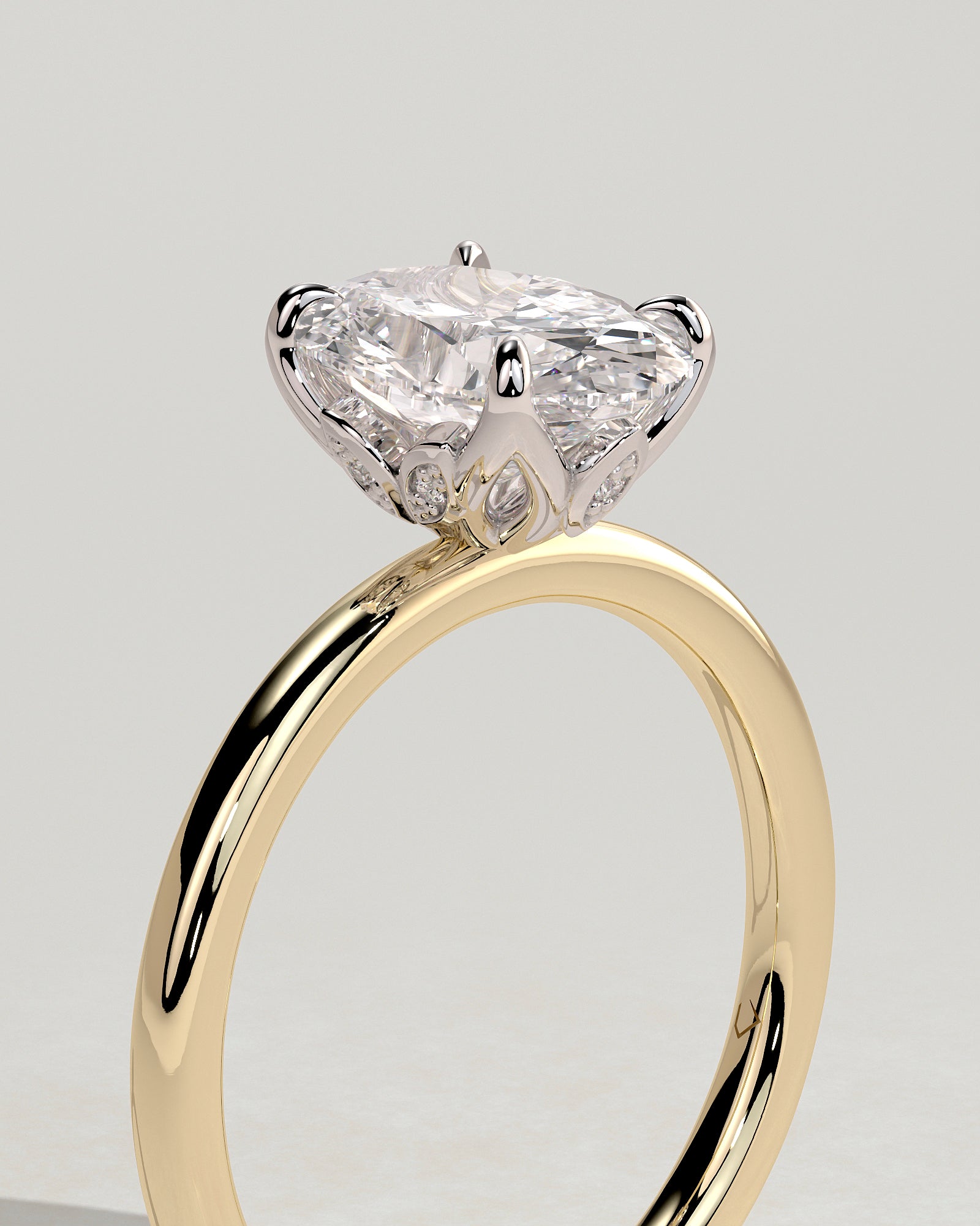 Aurelie - Oval Claw Solitaire with Petal Gallery and Accent Leaf Detail Engagement Ring - Yellow Two-Tone - Yellow Two-Tone 2ct