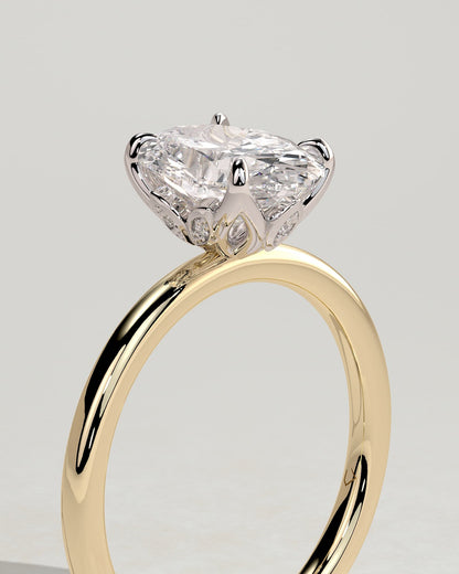 Aurelie - Oval Claw Solitaire with Petal Gallery and Accent Leaf Detail Engagement Ring - Yellow Two-Tone