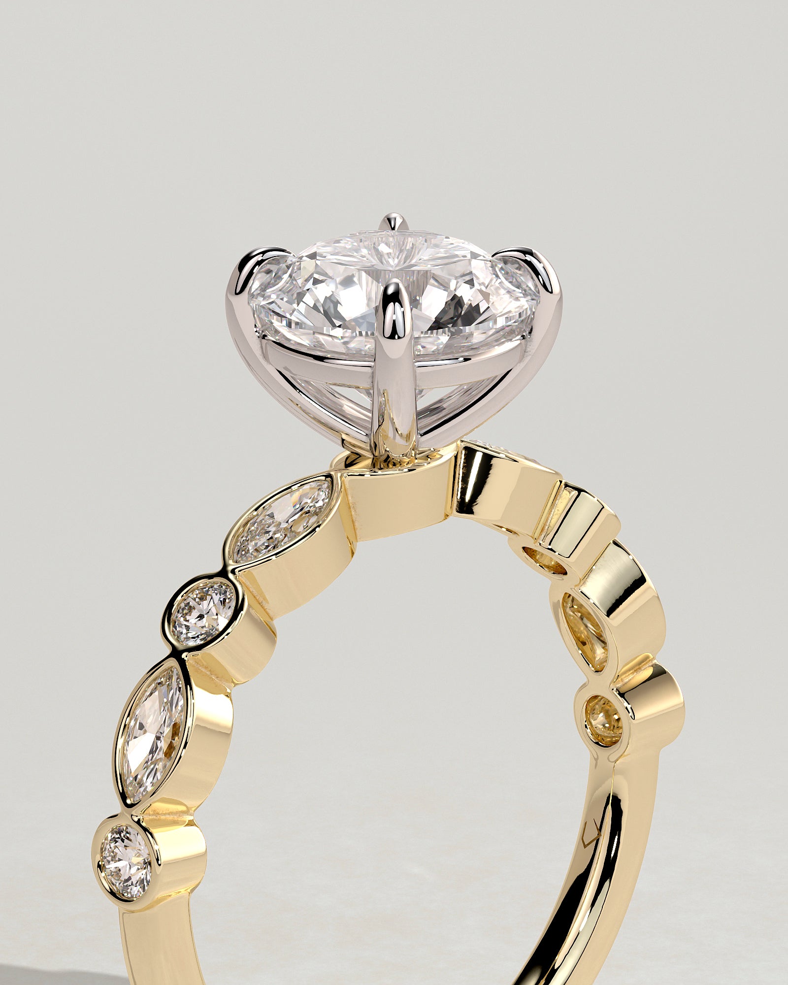 Cartia - Round Claw Solitaire with Round-Marquise Bezel Accent Stones Engagement Ring - Yellow Two-Tone - Yellow Two-Tone 2ct