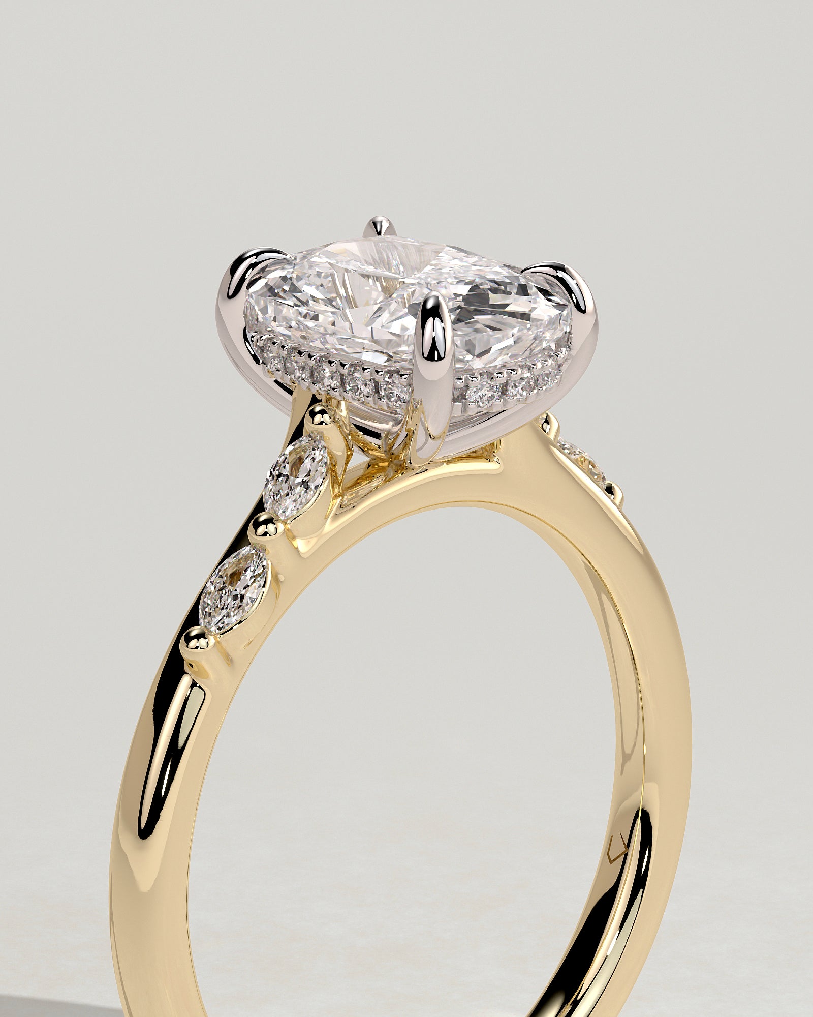 Elle - Elongated Cushion Claw Solitaire with Hidden Halo, Opposing Marquise Accents and Cathedral High Setting Engagement Ring - Yellow Two-Tone - Yellow Two-Tone 2ct