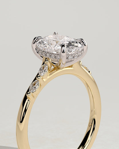 Elle - Elongated Cushion Claw Solitaire with Hidden Halo, Opposing Marquise Accents and Cathedral High Setting Engagement Ring - Yellow Two-Tone