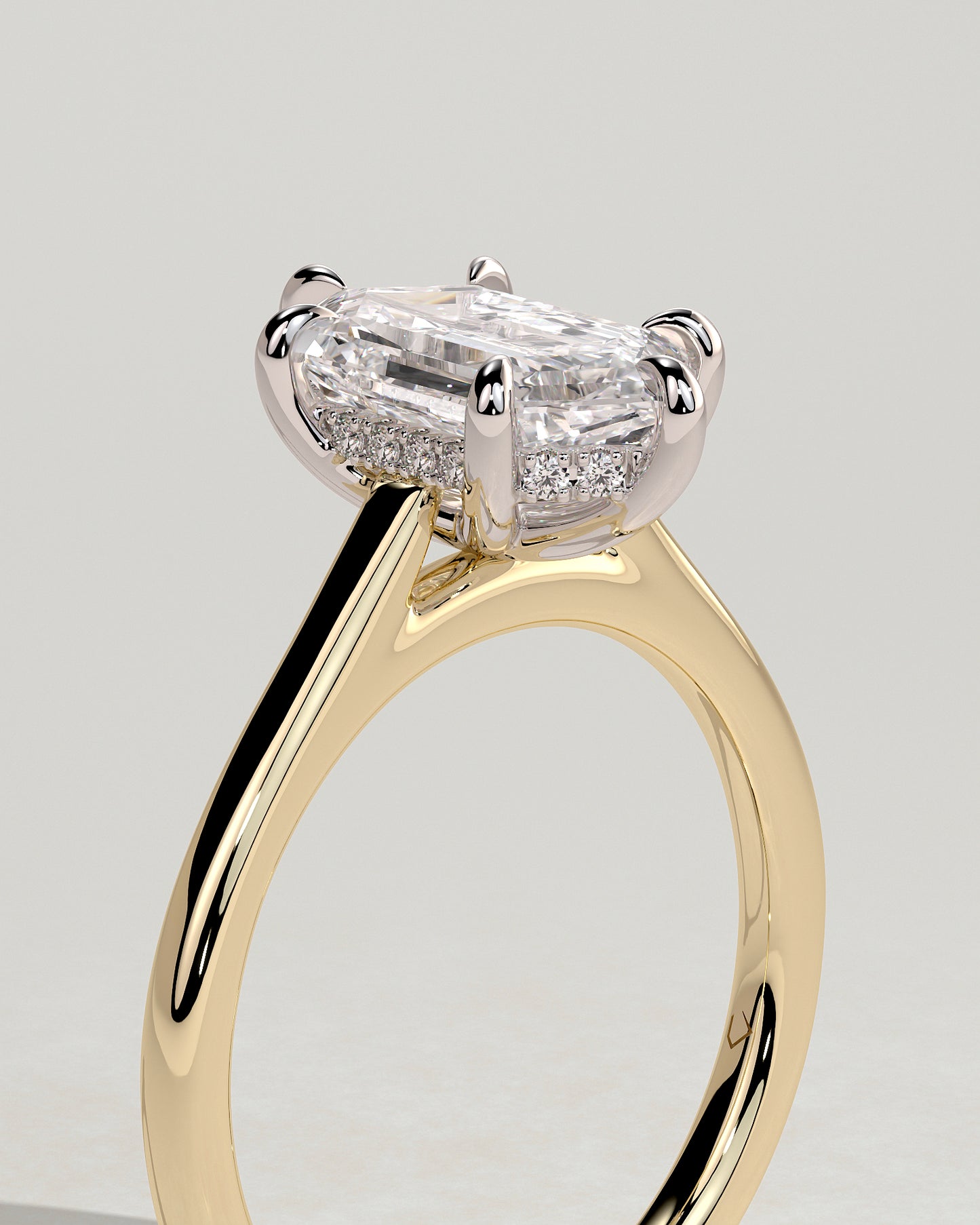 Anastasia - Elongated Hexagon Claw Solitaire with Hidden Halo and Cathedral High Setting Engagement Ring - Yellow Two-Tone - Yellow Two-Tone 2ct