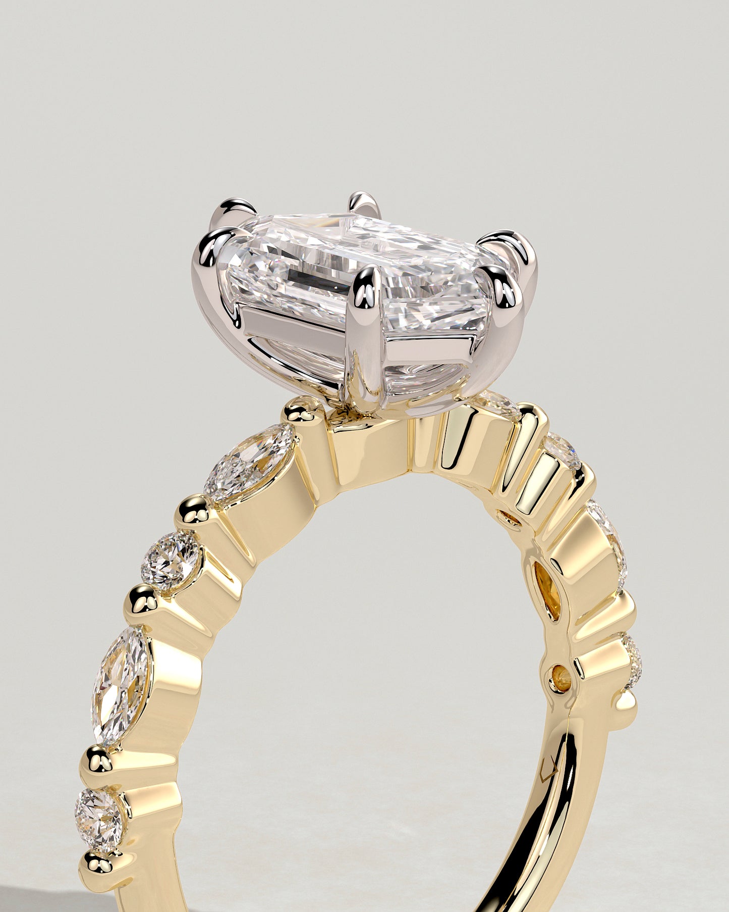 Agnes - Elongated Hexagon Claw Solitaire with Marquise and Round Accent Stones Engagement Ring - Yellow Two-Tone - Yellow Two-Tone 2ct