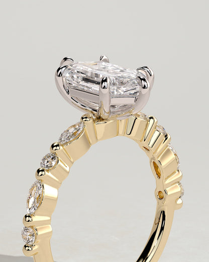 Agnes - Elongated Hexagon Claw Solitaire with Marquise and Round Accent Stones Engagement Ring - Yellow Two-Tone - yellow two-tone - Lara Jewels