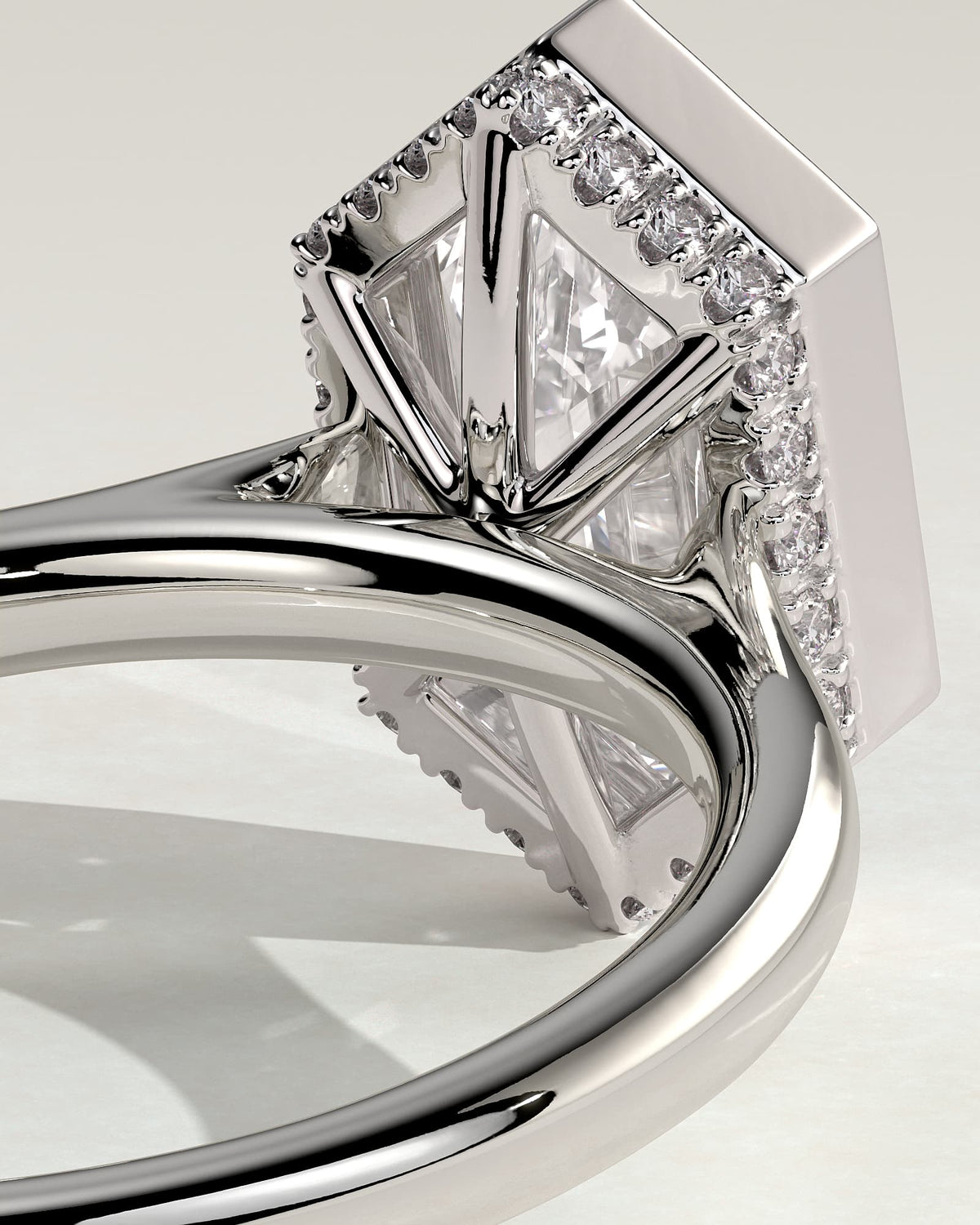 Gloria - Elongated Hexagon Bezel Solitaire with Hidden Halo and Cathedral High Setting Engagement Ring - White Gold