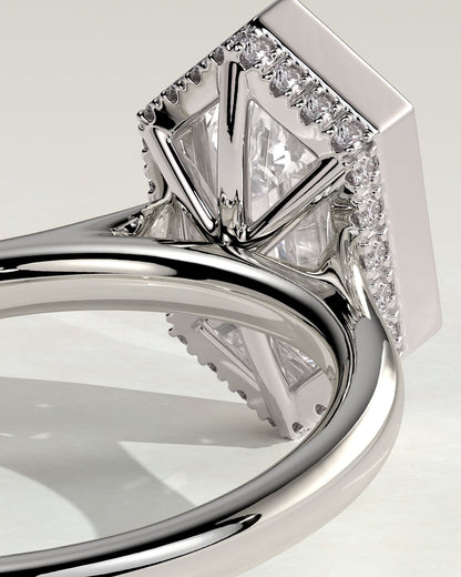 Gloria - Elongated Hexagon Bezel Solitaire with Hidden Halo and Cathedral High Setting Engagement Ring - White Gold