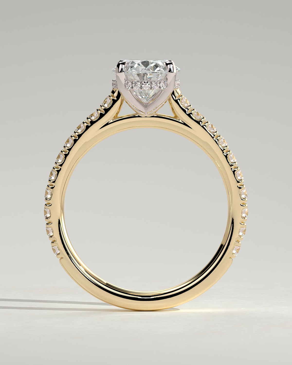 Julia - Oval Claw Solitaire with Hidden Halo, Pave Band and Cathedral High Setting Engagement Ring - Yellow Two-Tone