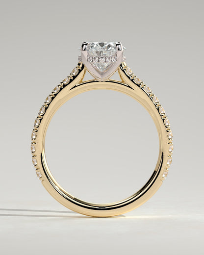 Julia - Oval Claw Solitaire with Hidden Halo, Pave Band and Cathedral High Setting Engagement Ring - Yellow Two-Tone