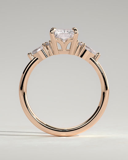 Heidi - Radiant Claw Solitaire with Pear Accents and Round Shoulder Stones Engagement Ring - Rose Gold