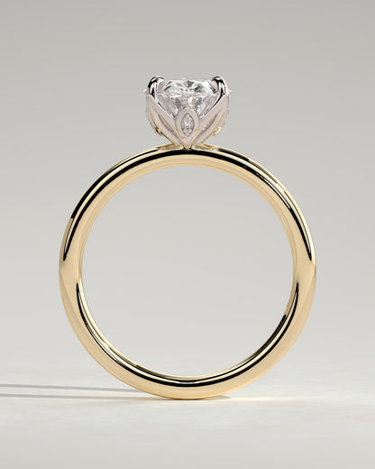 Aurelie - Oval Claw Solitaire with Petal Gallery and Accent Leaf Detail Engagement Ring - Yellow Two-Tone