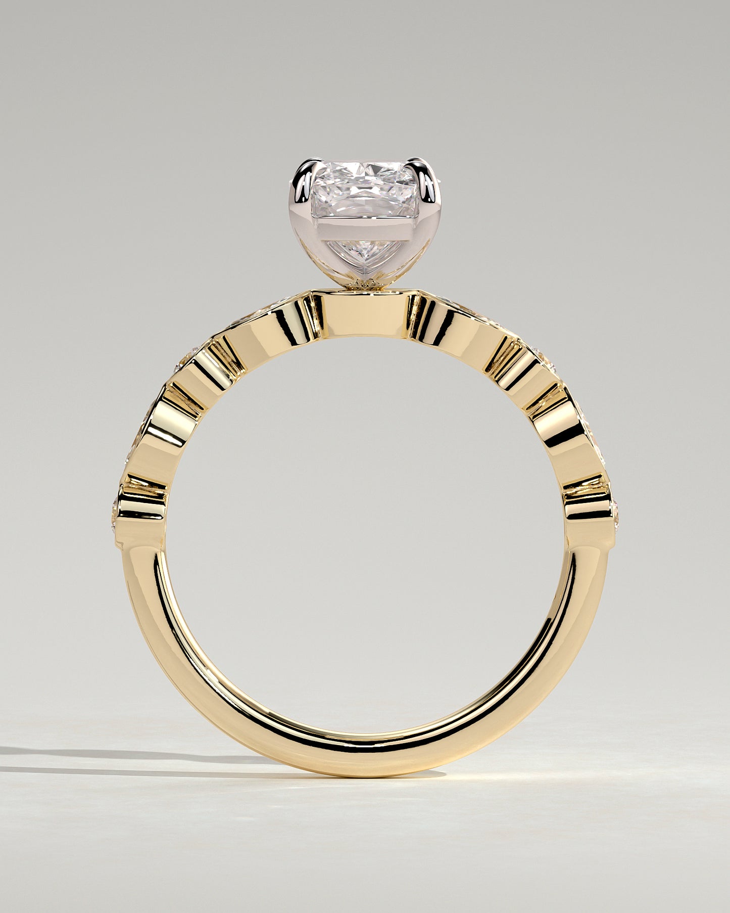 Carrie - Elongated Cushion Claw Solitaire with Round-Marquise Bezel Accent Stones Engagement Ring - Yellow Two-Tone - Yellow Two-Tone 2ct