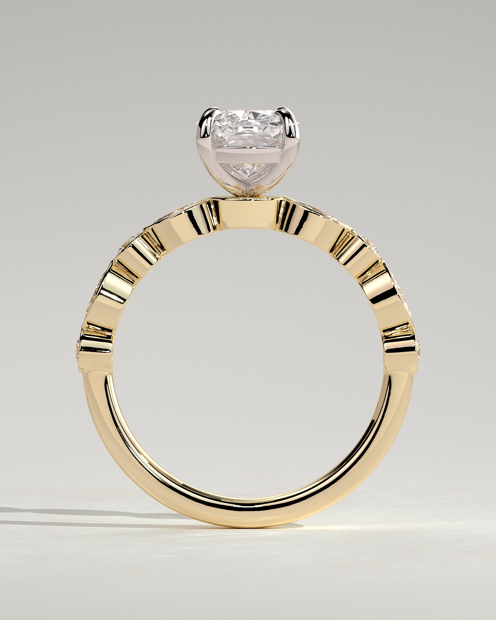 Carrie - Elongated Cushion Claw Solitaire with Round-Marquise Bezel Accent Stones Engagement Ring - Yellow Two-Tone - Yellow Two-Tone 2ct