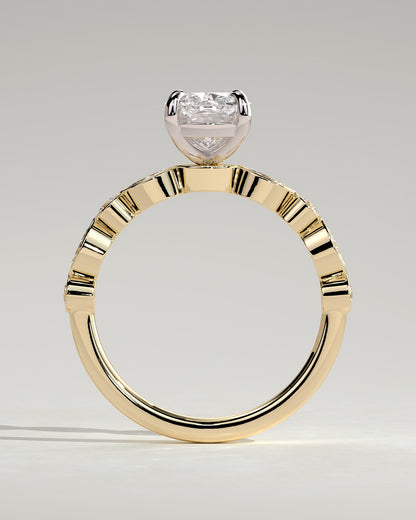 Carrie - Elongated Cushion Claw Solitaire with Round-Marquise Bezel Accent Stones Engagement Ring - Yellow Two-Tone