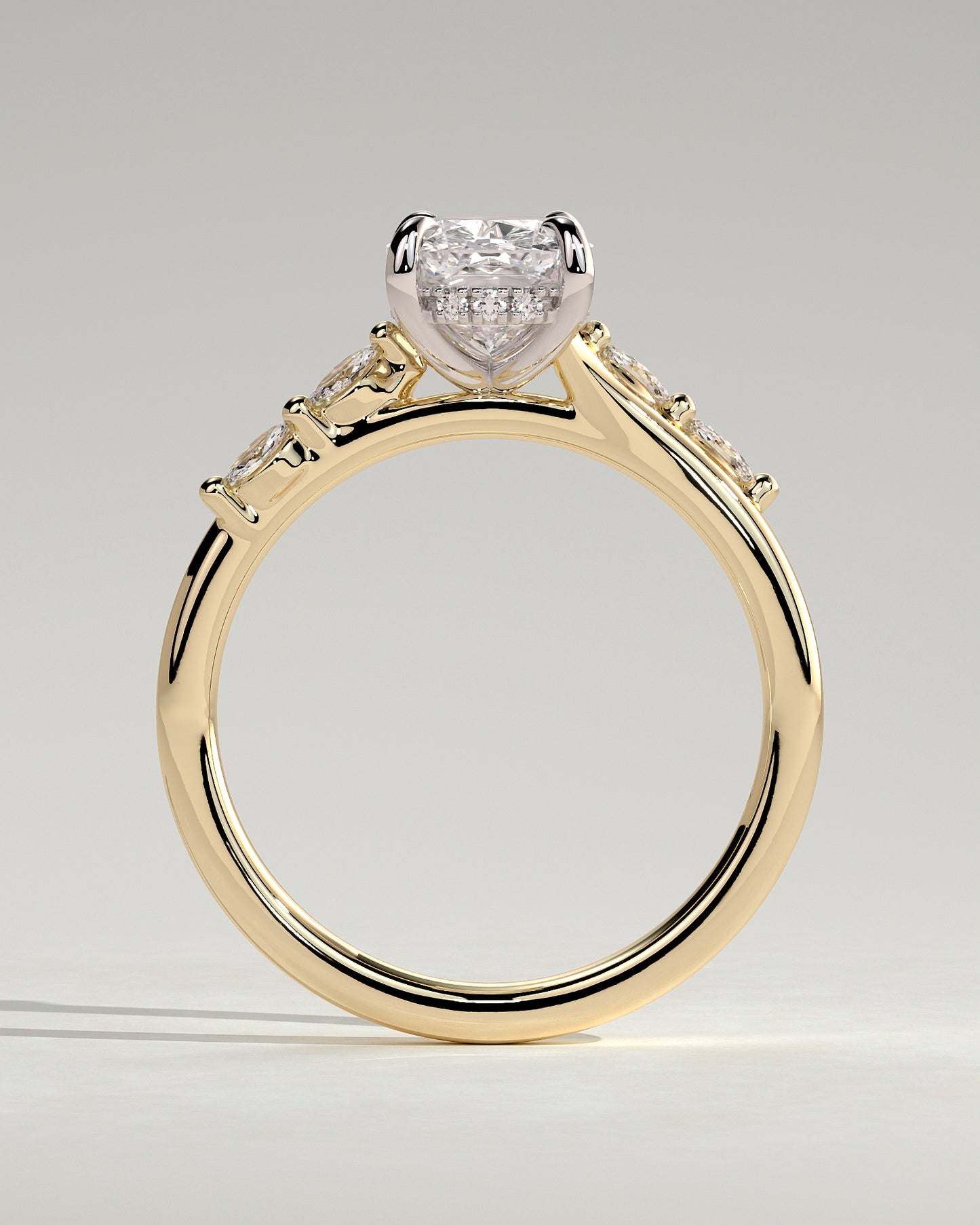 Elle - Elongated Cushion Claw Solitaire with Hidden Halo, Opposing Marquise Accents and Cathedral High Setting Engagement Ring - Yellow Two-Tone - Yellow Two-Tone 2ct