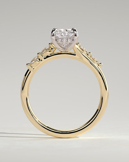 Elle - Elongated Cushion Claw Solitaire with Hidden Halo, Opposing Marquise Accents and Cathedral High Setting Engagement Ring - Yellow Two-Tone