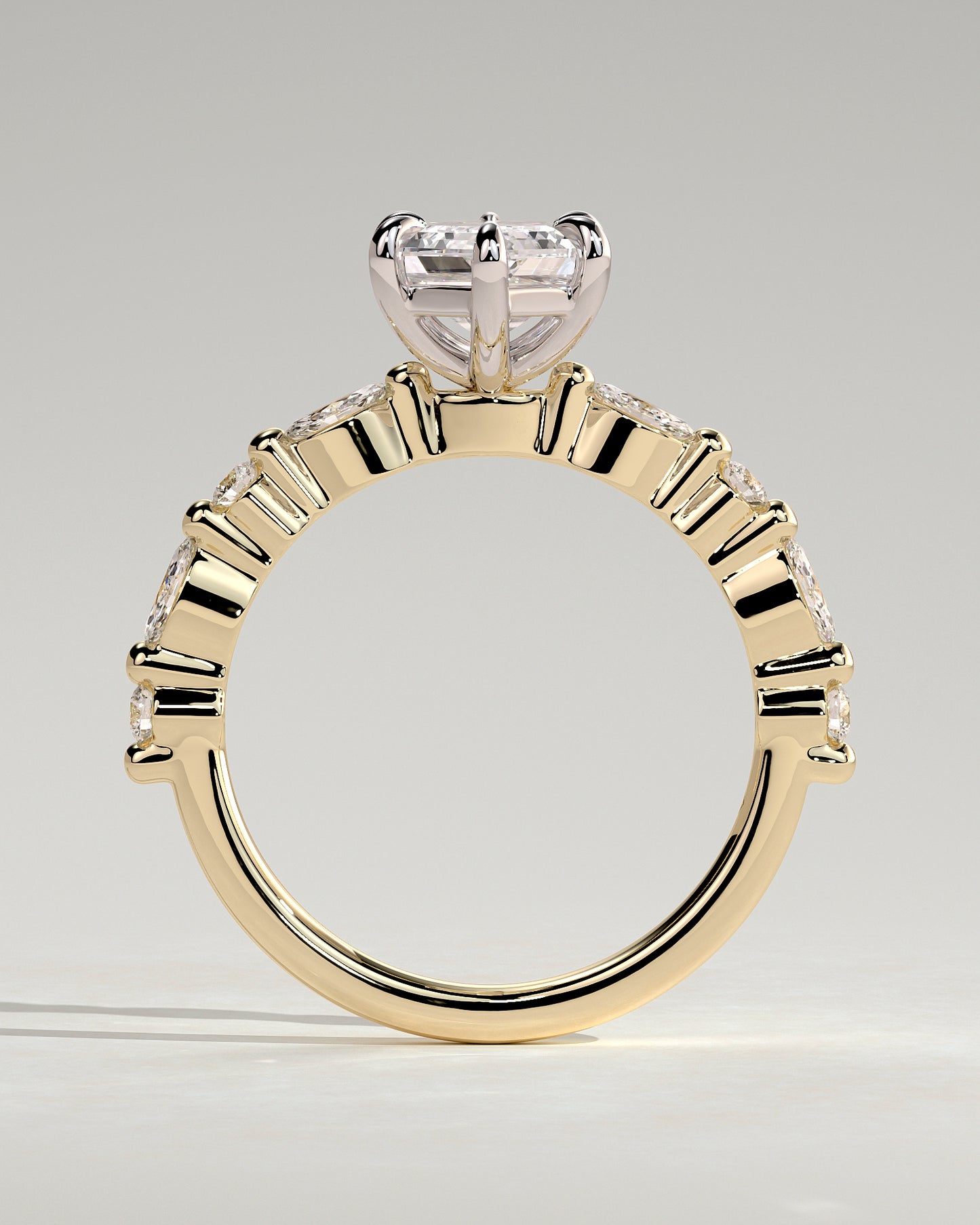 Agnes - Elongated Hexagon Claw Solitaire with Marquise and Round Accent Stones Engagement Ring - Yellow Two-Tone - Yellow Two-Tone 2ct