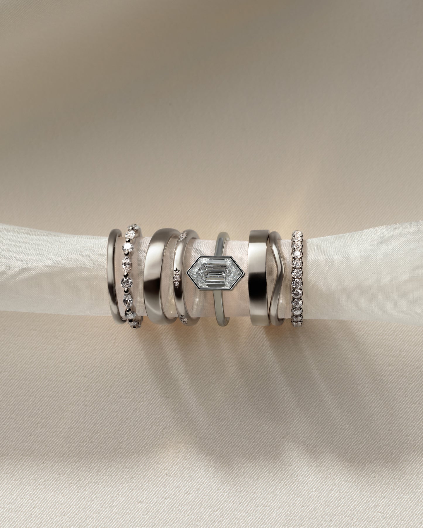 Gloria - Elongated Hexagon Bezel Solitaire with Hidden Halo and Cathedral High Setting Engagement Ring - Platinum - White Gold / Platinum 2ct
