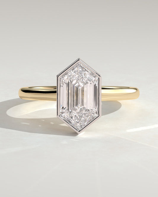 Gloria - Elongated Hexagon Bezel Solitaire with Hidden Halo and Cathedral High Setting Engagement Ring - Yellow Two-Tone