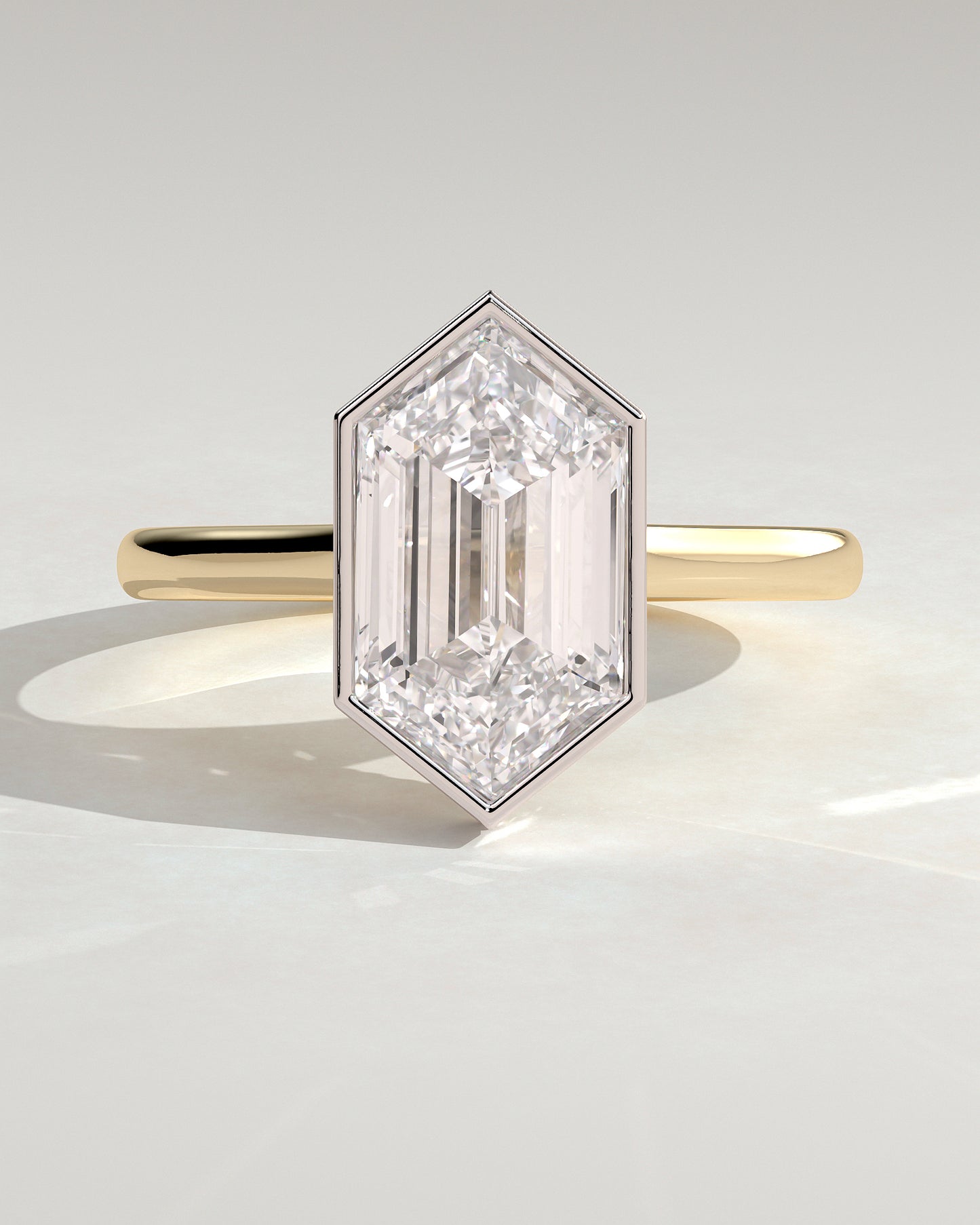Gloria - Elongated Hexagon Bezel Solitaire with Hidden Halo and Cathedral High Setting Engagement Ring - Yellow Two-Tone