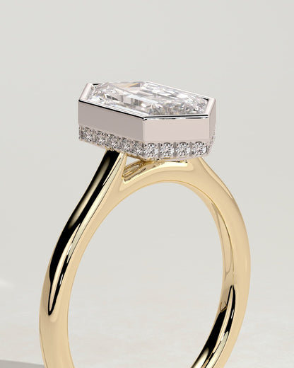 Gloria - Elongated Hexagon Bezel Solitaire with Hidden Halo and Cathedral High Setting Engagement Ring - Yellow Two-Tone