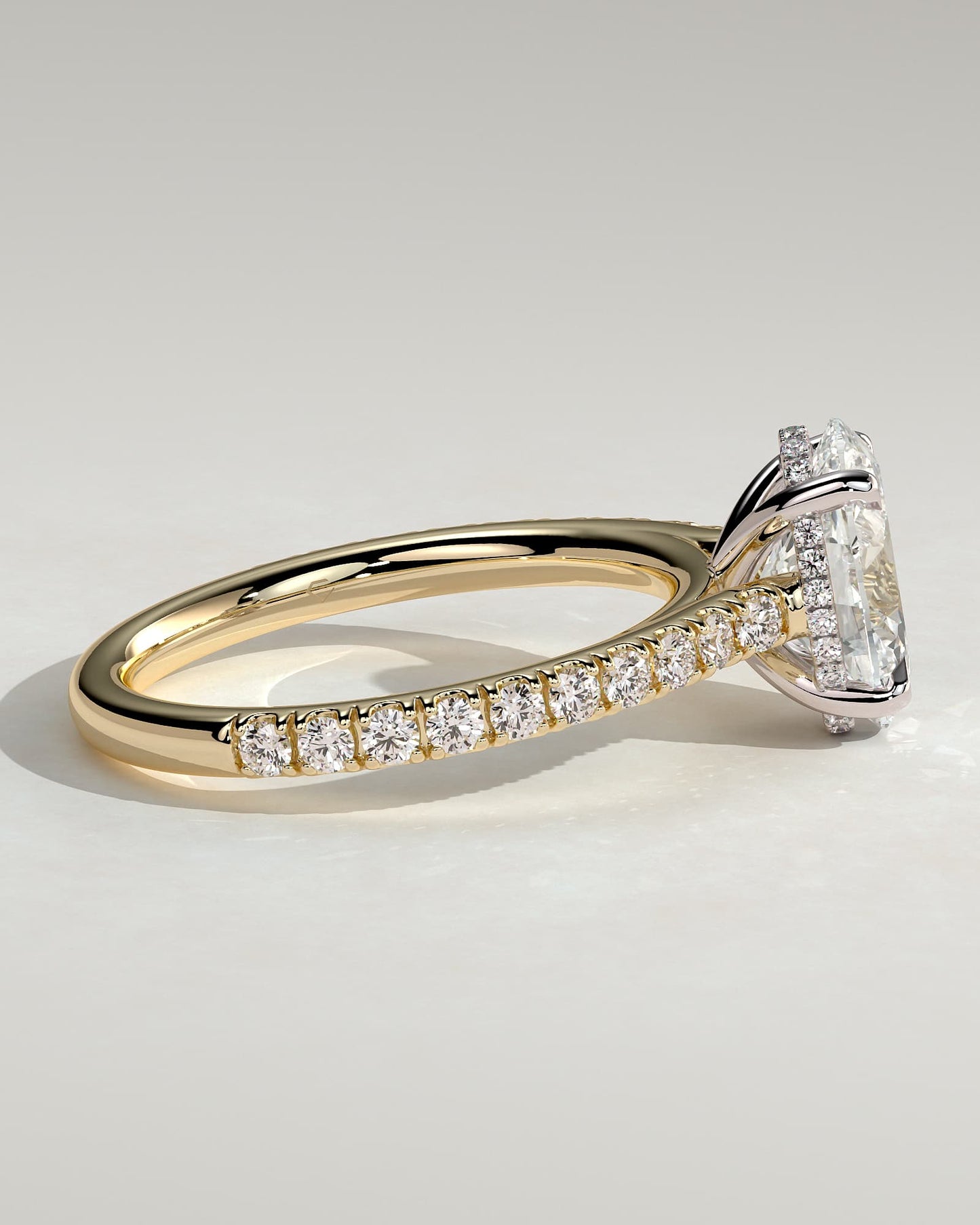 Julia - Oval Claw Solitaire with Hidden Halo, Pave Band and Cathedral High Setting Engagement Ring - Yellow Two-Tone