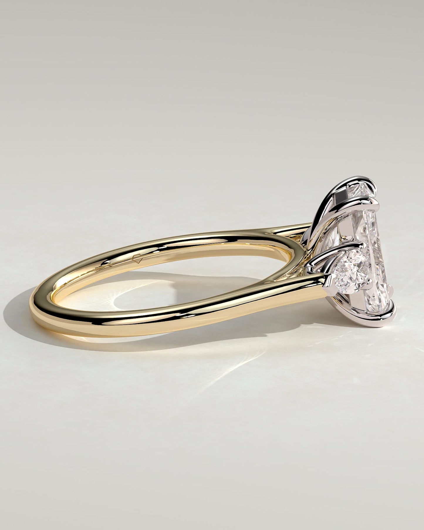 Jasmine - Radiant Claw Trilogy with Pear Side Stones and Cathedral Setting Engagement Ring - Yellow Two-Tone