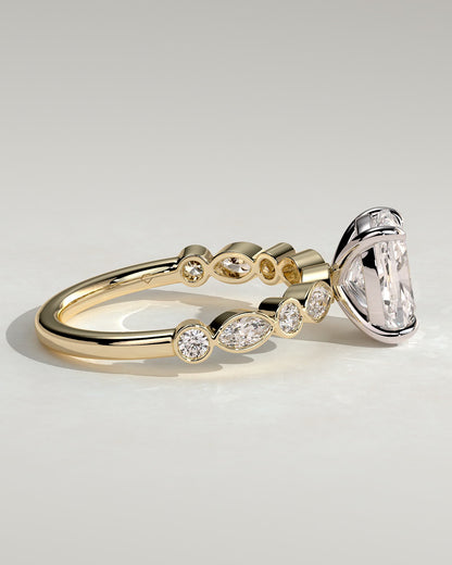 Carrie - Elongated Cushion Claw Solitaire with Round-Marquise Bezel Accent Stones Engagement Ring - Yellow Two-Tone