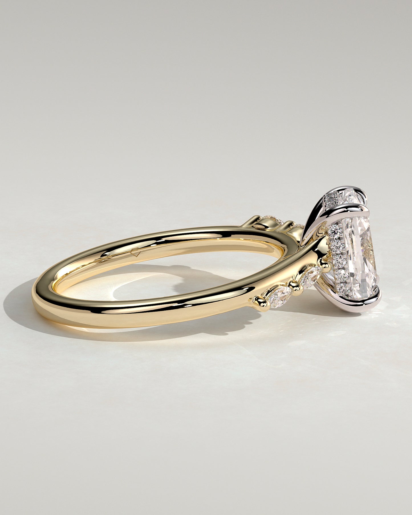 Elle - Elongated Cushion Claw Solitaire with Hidden Halo, Opposing Marquise Accents and Cathedral High Setting Engagement Ring - Yellow Two-Tone - Yellow Two-Tone 2ct