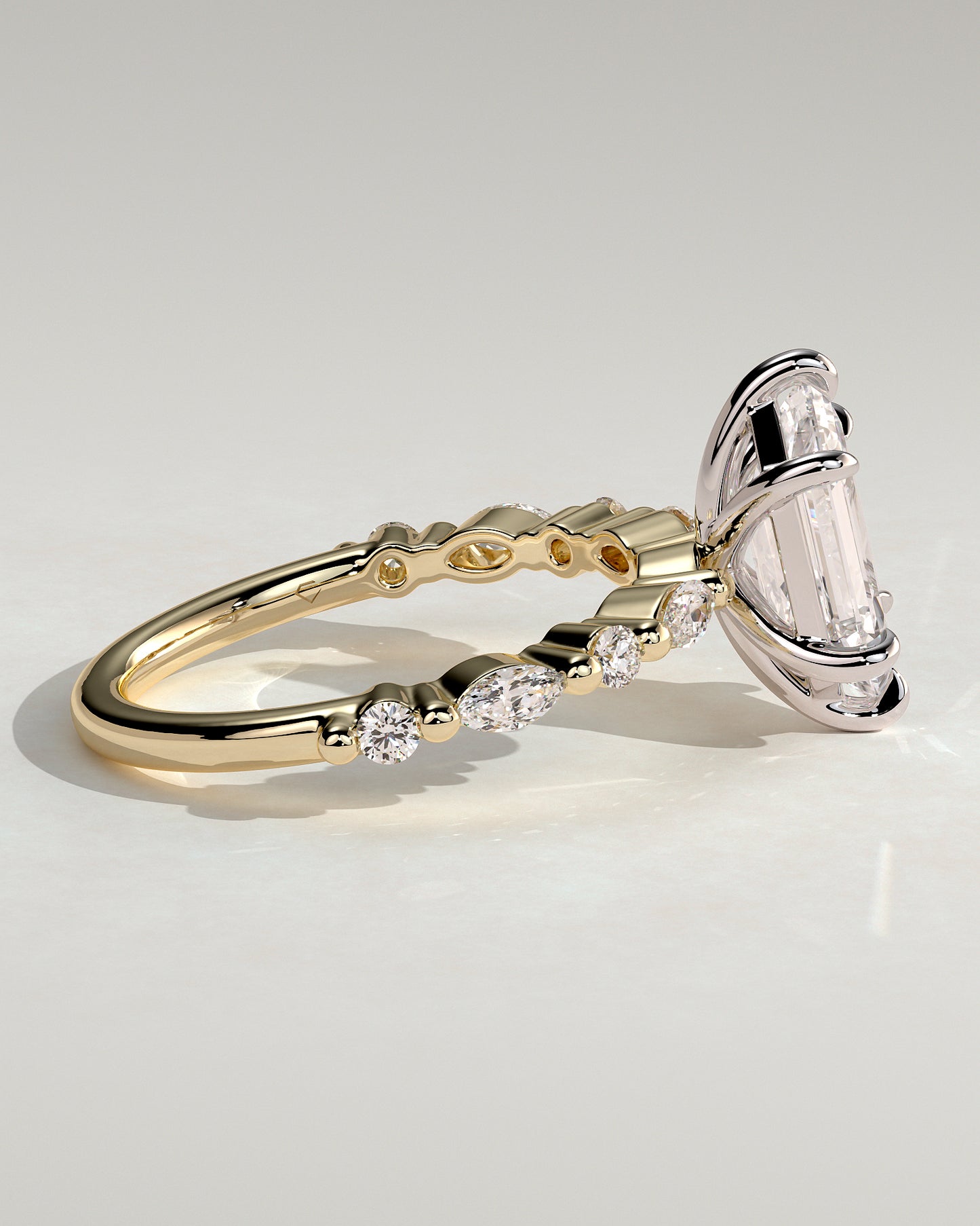 Agnes - Elongated Hexagon Claw Solitaire with Marquise and Round Accent Stones Engagement Ring - Yellow Two-Tone - Yellow Two-Tone 2ct