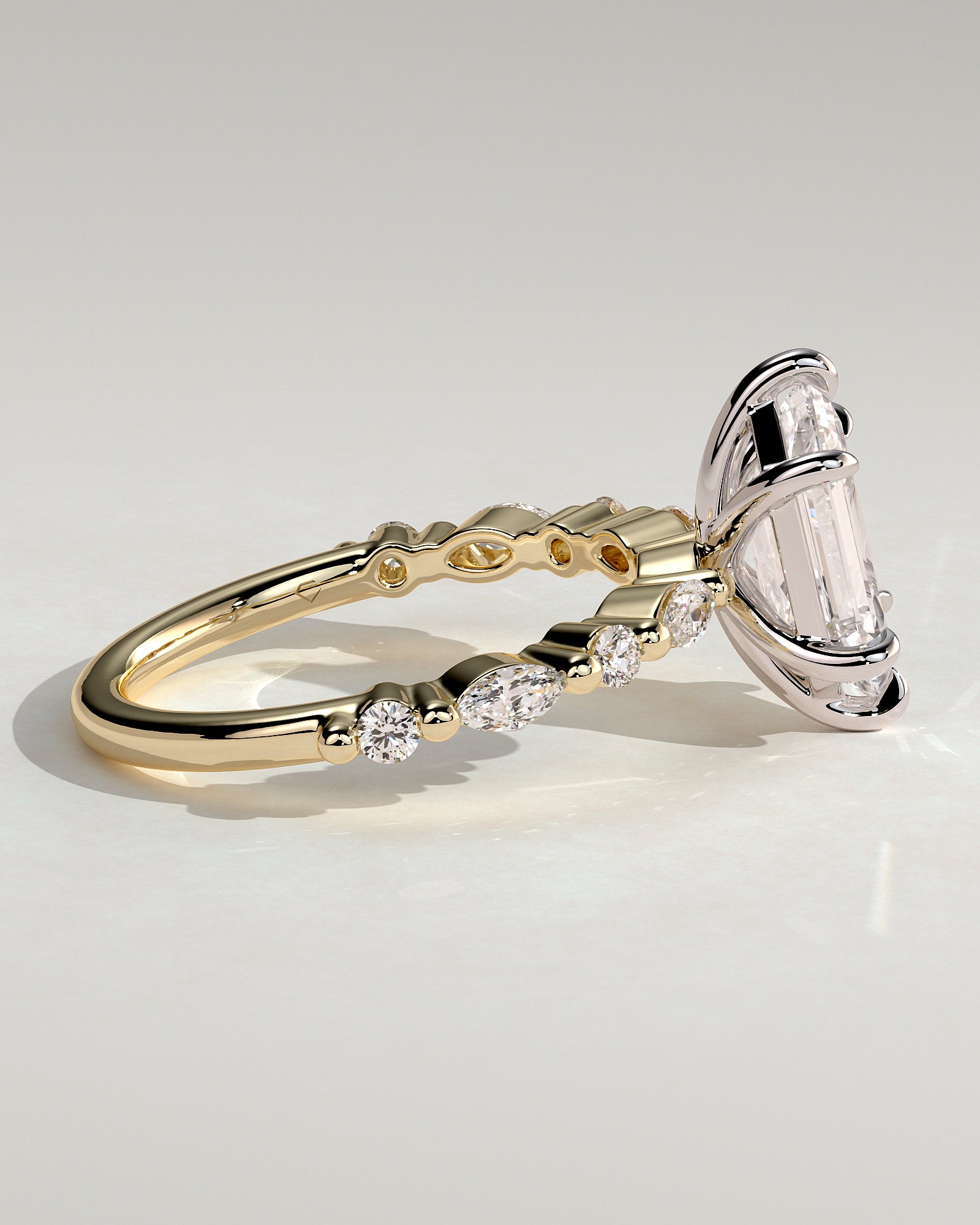 Agnes - Elongated Hexagon Claw Solitaire with Marquise and Round Accent Stones Engagement Ring - Yellow Two-Tone - Yellow Two-Tone 2ct