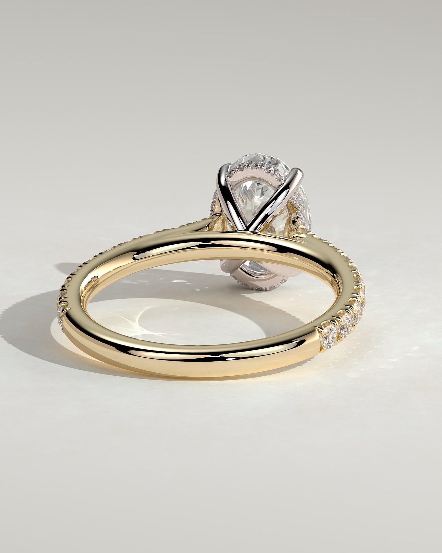 Julia - Oval Claw Solitaire with Hidden Halo, Pave Band and Cathedral High Setting Engagement Ring - Yellow Two-Tone