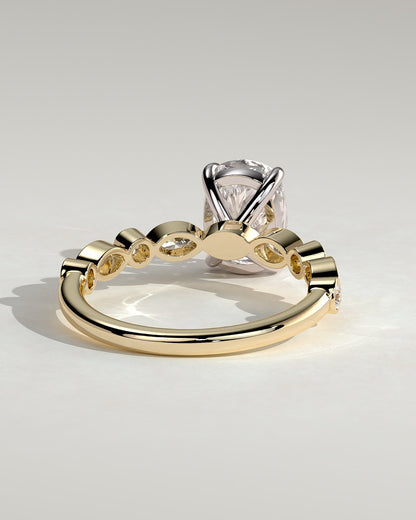 Carrie - Elongated Cushion Claw Solitaire with Round-Marquise Bezel Accent Stones Engagement Ring - Yellow Two-Tone