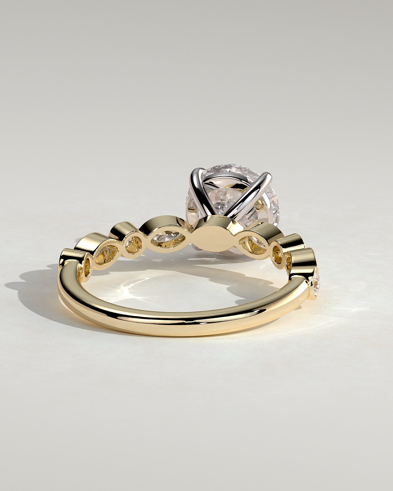 Cartia - Round Claw Solitaire with Round-Marquise Bezel Accent Stones Engagement Ring - Yellow Two-Tone - Yellow Two-Tone 2ct